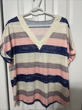 Striped V-Neck Tee in Navy, Pink & Cream XL